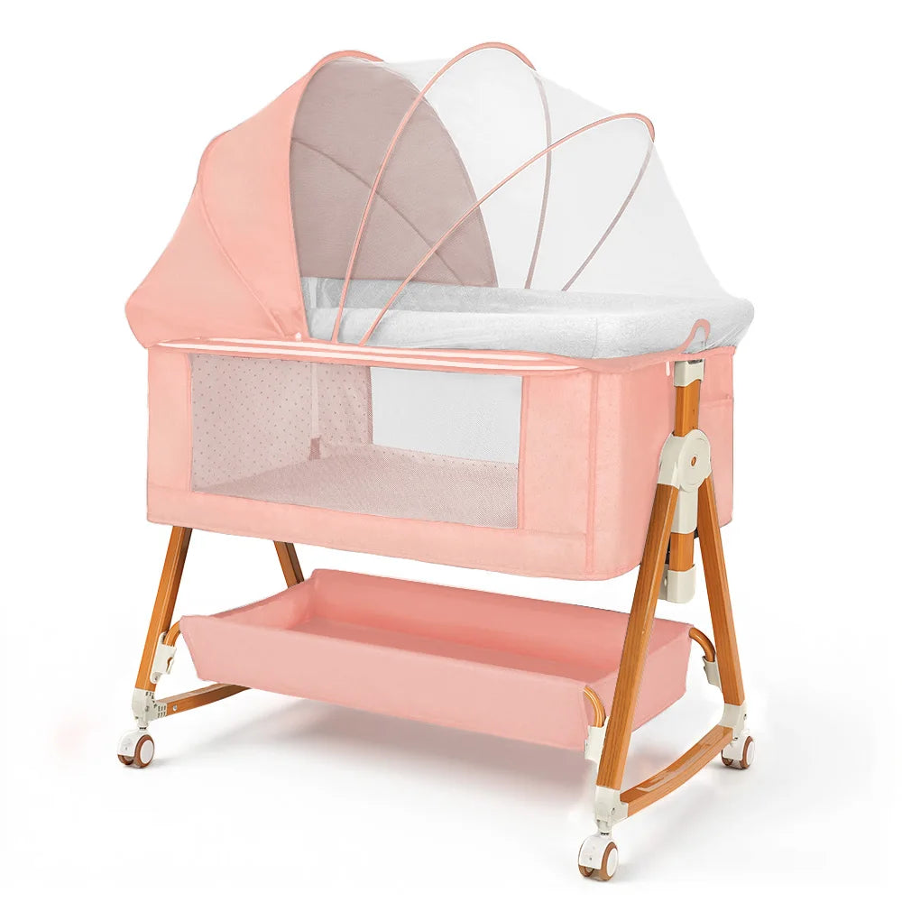 Heavy‑Duty Bedside Baby Bassinet Sleeper Kmaier Grey Minimalist Co‑Sleeper Crib with Large Storage Bin, Height Adjustable Wooden‑Grain Frame, Breathable Mesh Safe Rocking Bassinet for Newborn Boy Girl