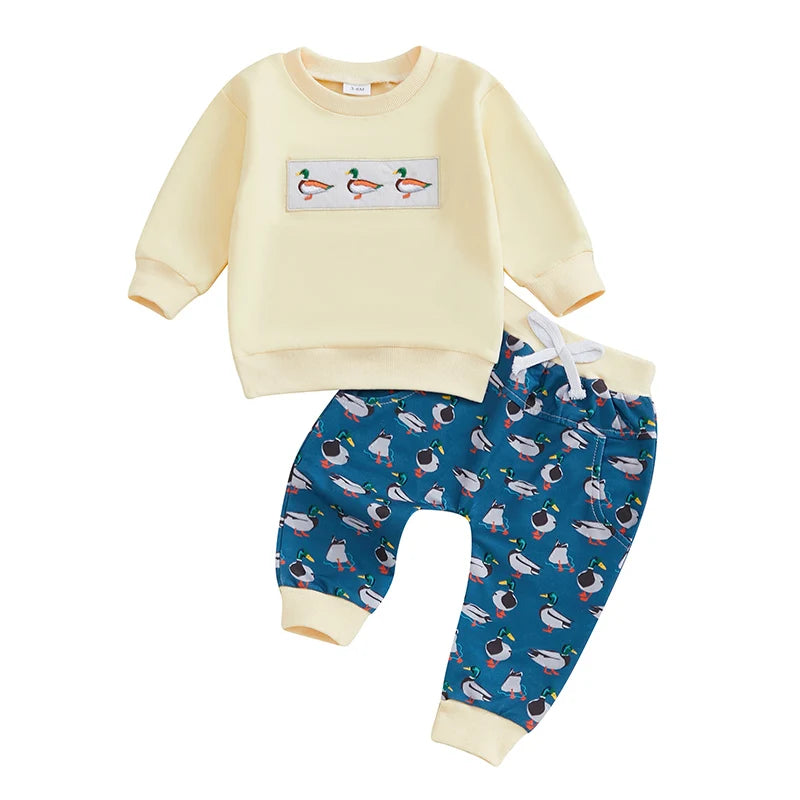 2024-09-13 Lioraitiin Toddler Baby Boy Girl Duck Clothes Long Sleeve Sweatshirt Plaid Elastic Waist Long Pants Outfit
