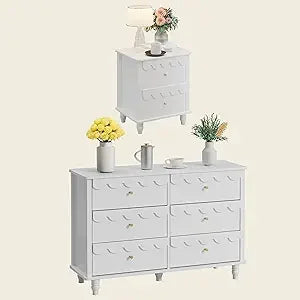 Bedroom Set 2 PCS 6 Drawer Dresser and Night Stand Sets for Bedroom, Two Drawers Nightstand & Scalloped 6 Drawer Dresser Combo