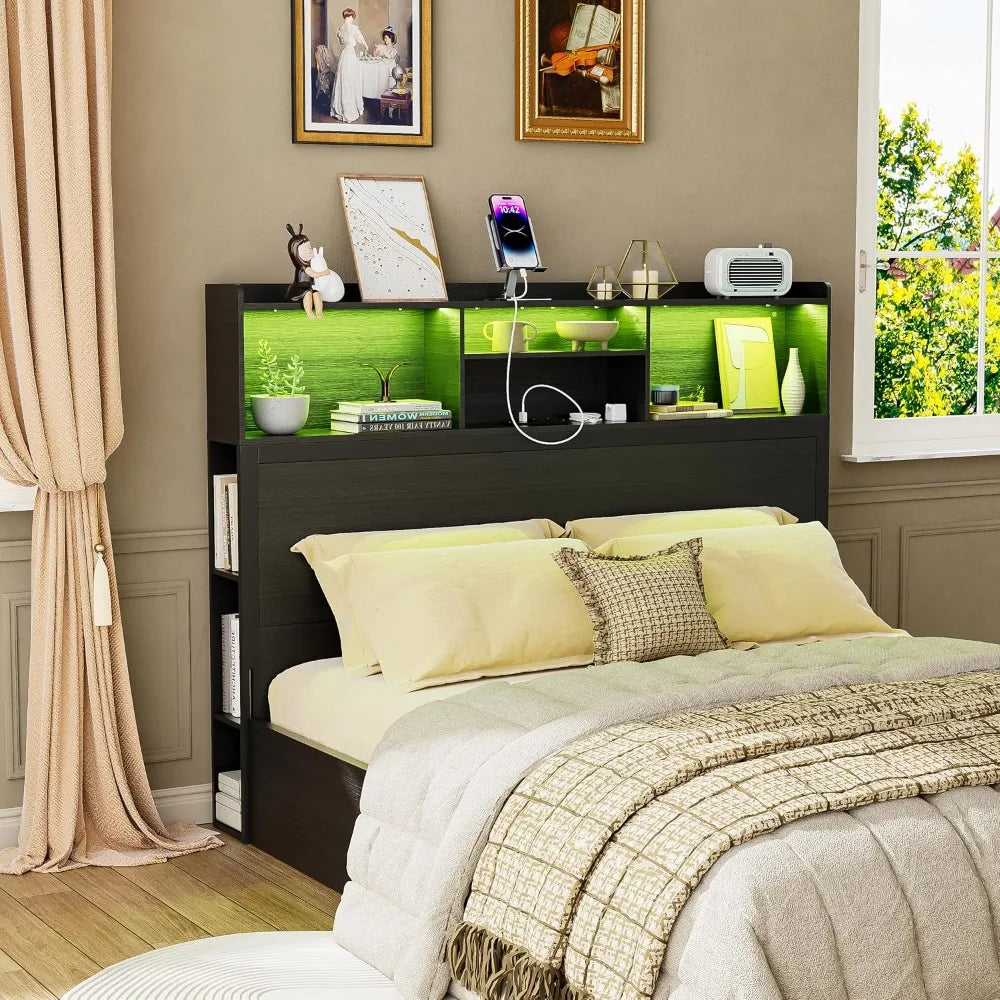 PAKASEPT Queen Headboard with Storage, Modern Bookcase Headboard with Adjustable LED Lights & Charging Station for Bedroom, Fash