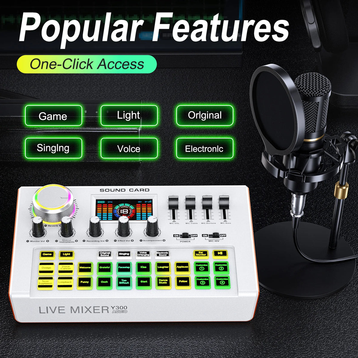 Tenlamp Y300-BM800 Live Sound Board Audio Mixer with 3.5mm Condenser Mic, Podcast Equipment Bundle for 4 People, Professional PC Laptop Studio Recording for Singing Gaming Karaoke Vlog Streaming