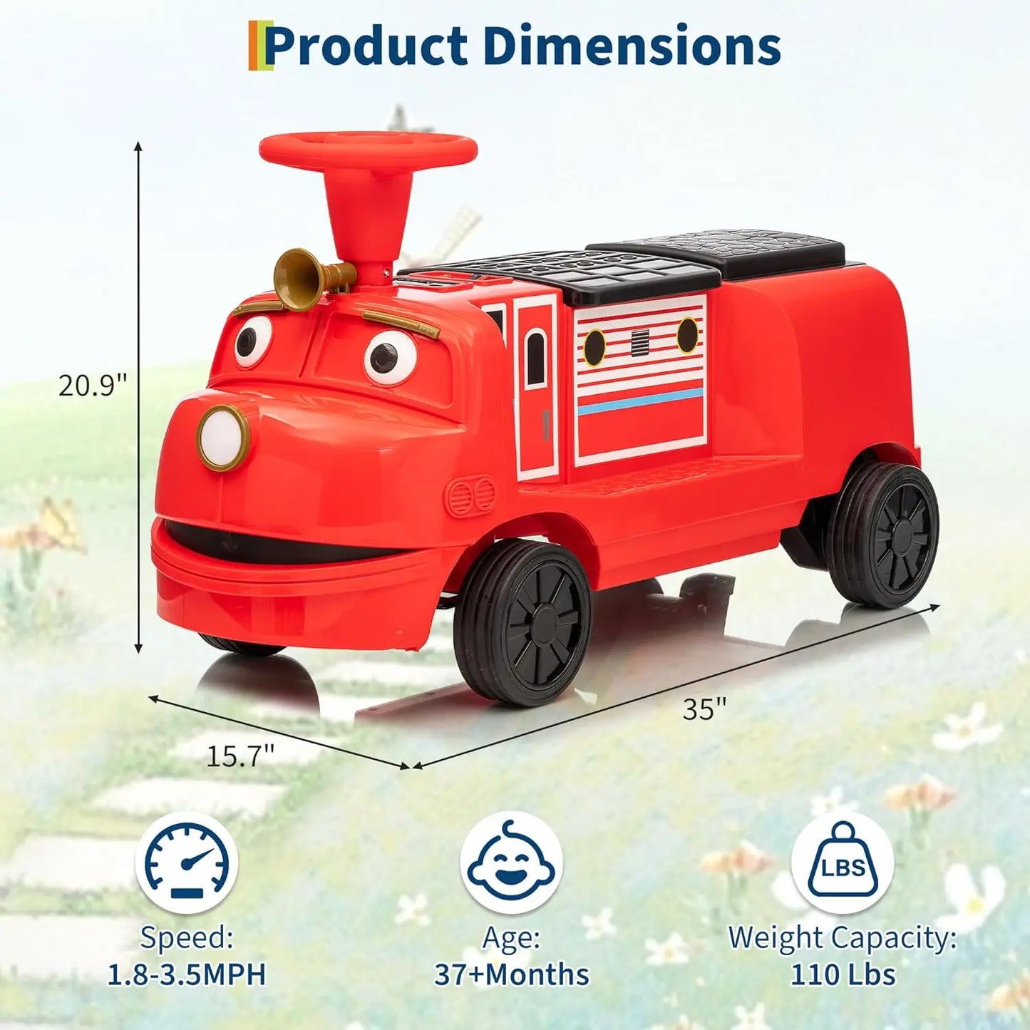 2 Seater Ride On Train Trackless, 12V Kids Ride On Toy with Height Adjustable Seat, Storage Space, Carrige for Toddlers 3+