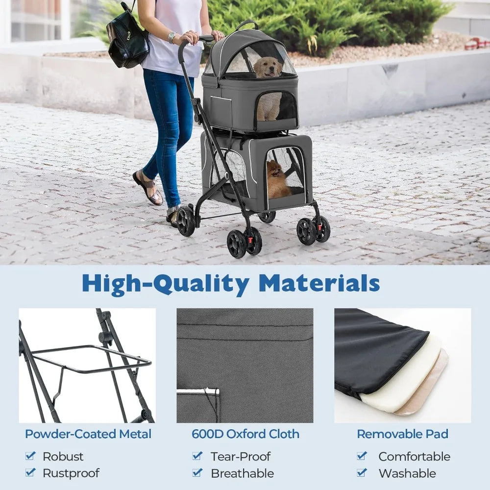 Double Dog Stroller for 2 Dogs, Detachable Carriers, Safety Belt, 4 Lockable Wheels, Pet Travel Carrier Strolling Cart