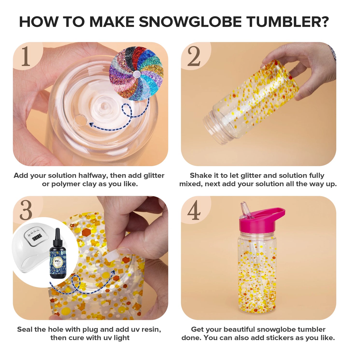 25 Pack 10 Oz Plastic Double Wall Snow Globe Tumbler,Kids with Pre-Drilled Hole and Plug Sports Water Bottle,Glitter DIY Gift