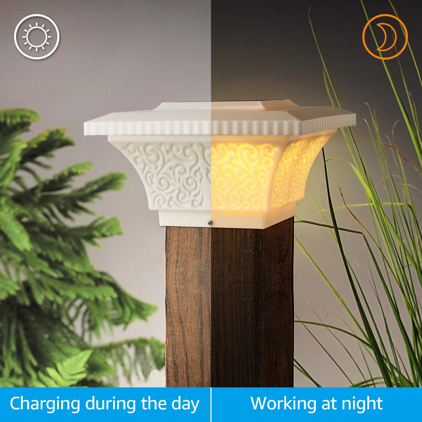 2 Pack Soft White Solar Post Lights Outdoor, LED Fence Cap Light Fits 4x4, 5x5, 6x6 Posts Patio Deck Garden Decoration
