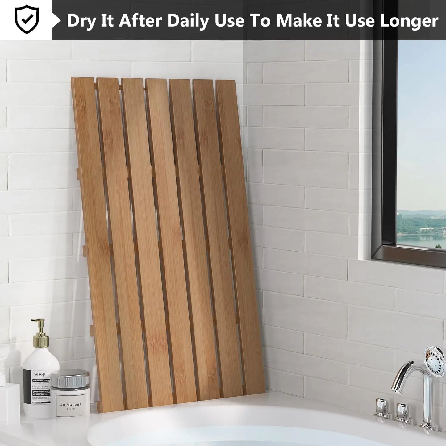 Non-Slip Waterproof Wooden Bamboo Bath Shower Mat for Indoor Outdoor Use, Walnut Color, 31.3x18.1x1.5 Inches