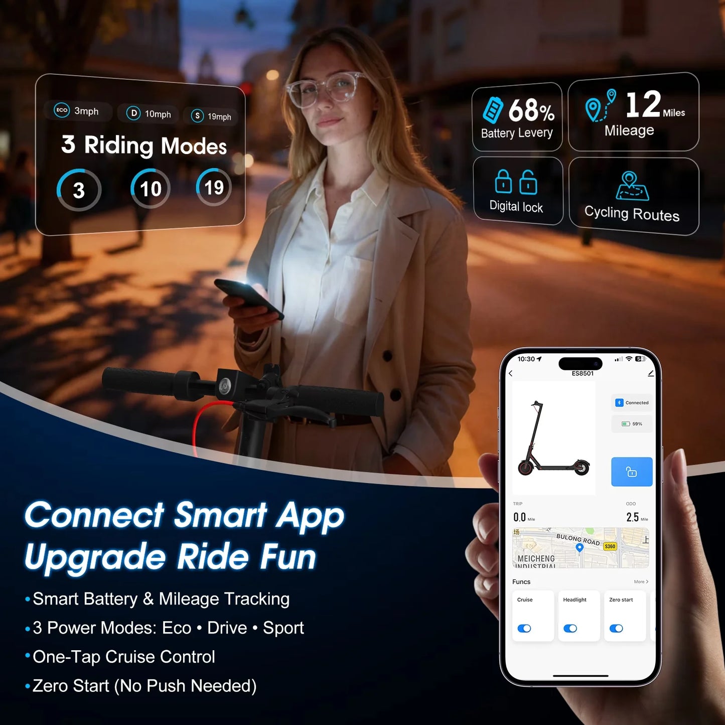 Electric Scooter with App for Adults 350W Motor 36V 5.2Ah Battery Up to 19 Miles Range Foldable E Scooter Solid Tire 8.5''