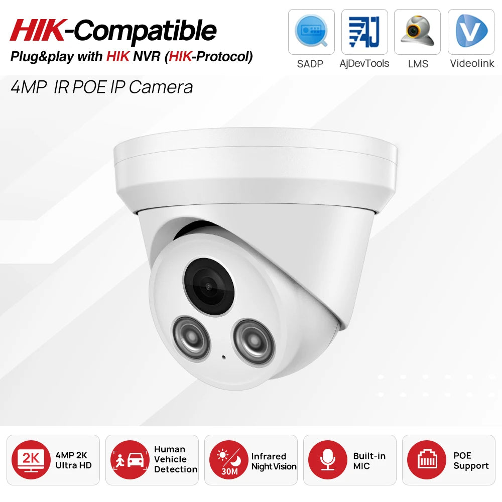 4MP ColorVu POE IP Camera IR Night Colorful 2K Build in MiC IP67 H.265 Human Vehice Security Detect CCTV Hikvision Compatible