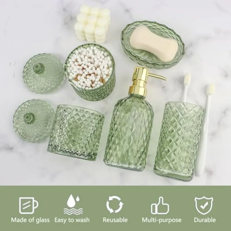 5Pcs Glass Bathroom Accessories Set Green Vintage Bathroom Counter Sink Toothbrush Holder Set with Hand Lotion Soap Dispenser T