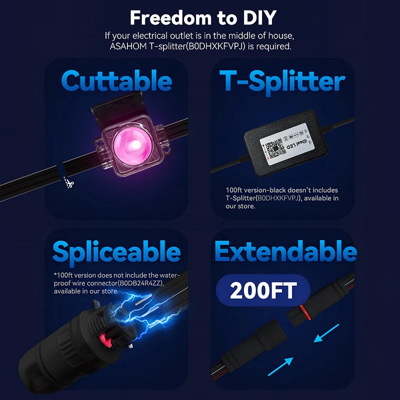 50ft black eave light Permanent Outdoor Lights with 72 RGBCW LED Smart Eave Lights 90lm Black IP67 Waterproof 100 Scenes Modes
