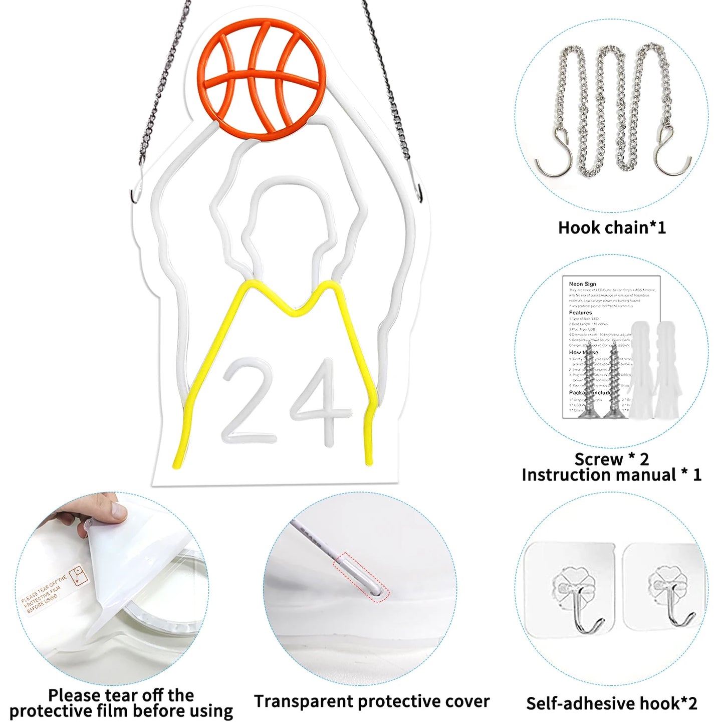 Neon Sign,Dimmable LED Neon Sign for Wall Decoration, Powered by USB Neon Sign, Sports Basketball Sign