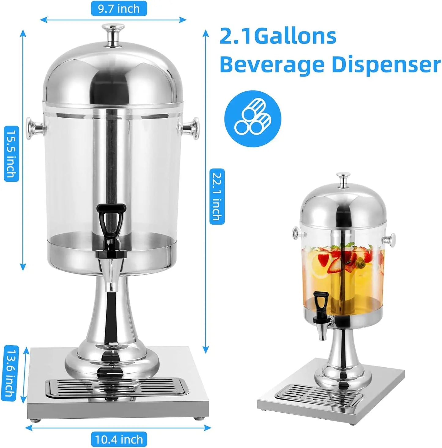Beverage Dispenser with Ice Core, Stainless Steel Cold Drink Dispenser with Stand, Spigot & Drip Tray for Lemonade, Iced Tea