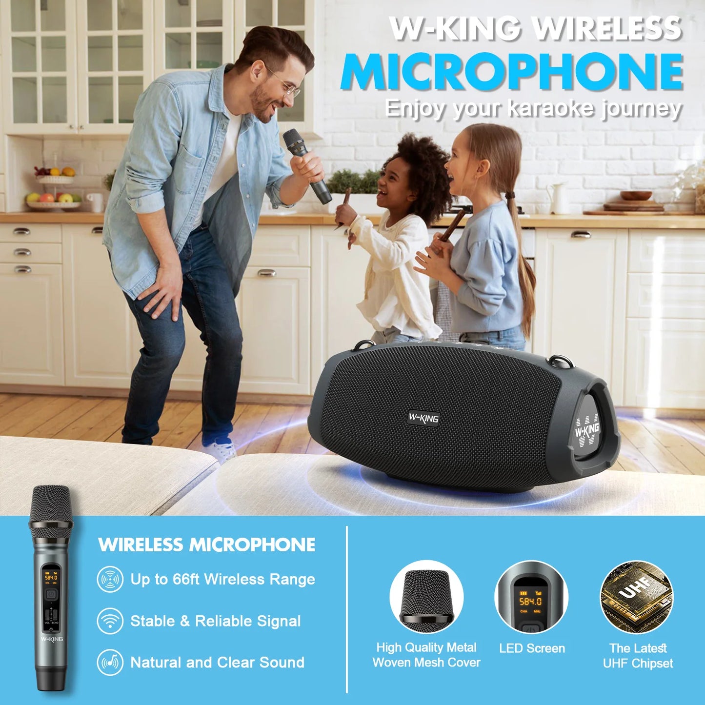 W-KING (120W PEAK)70W Portable Loud Bluetooth Speakers with Wireless Microphone, Waterproof Outdoor Wireless Bluetooth