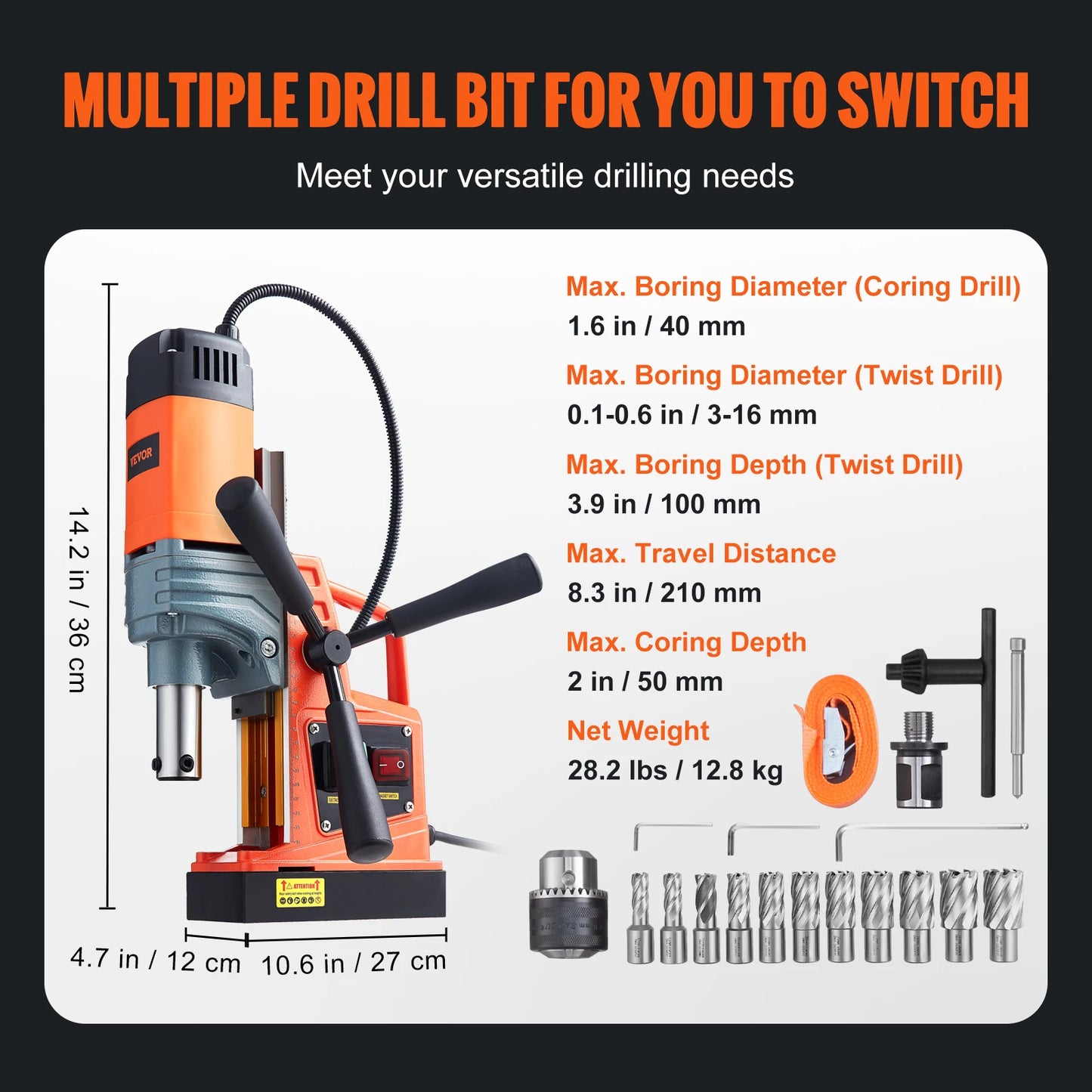 SucceBuy 1300W 1400W 2" Electric Drilling Machine Magnetic Drill Press Boring Diameter Power Drill 1-second Release Drill