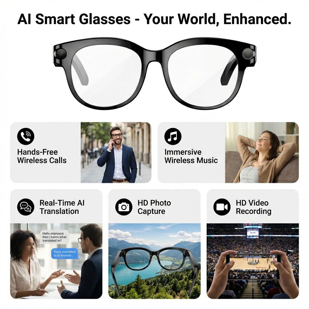 SENBONO 2026 New Smart Glasses 200W Pixels Camera Portable Charger 100+language Translation Bluetooth Call Music Player Glasses