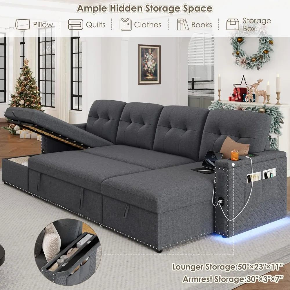 112" Sectional Pull Out Couches for Living Room with LED Lights & USB Port- Sleeper Sofa Couch w/Storage Chaise & Storage Armre