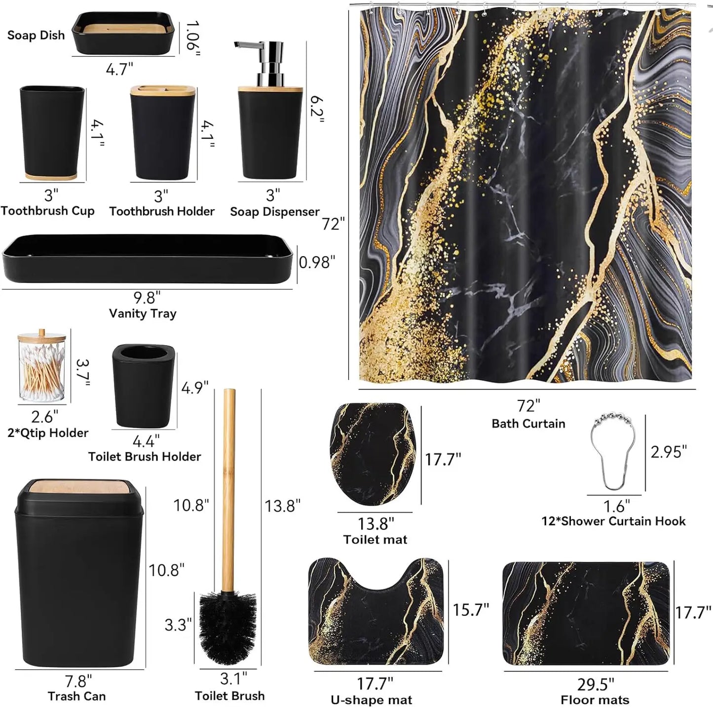 Black and Gold Waterproof Shower Curtain Set with Non-Slip Bathroom Rugs and Accessories for Modern Decor