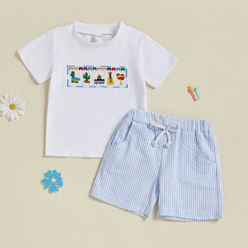 Infant Boy Casual Summer Wear Embroidered Crew Neck Tee with Striped Shorts Set for a Stylish Look
