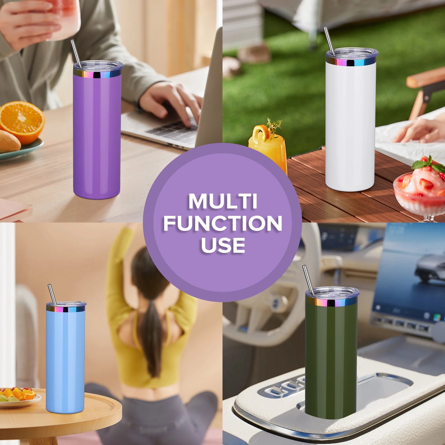 12 Pack 20oz Stainless Steel Skinny Tumblers, Gloss Powder Coated- Rainbow Color Plated Insulated Tumbler with Lid And Straw