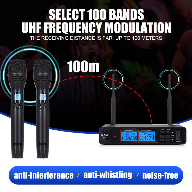 NXG  K-6 UNIVERSAL-1TO2 Dual Wireless Microphone Receiver Kit, Metal Mesh Mic Head, Matte Comfort Grip, Dual Signal Antennas, Crystal Clear Hi-Fi Audio, Zero Delay Sound, Multi-Scene Wireless Mic System for Family Singing, Li