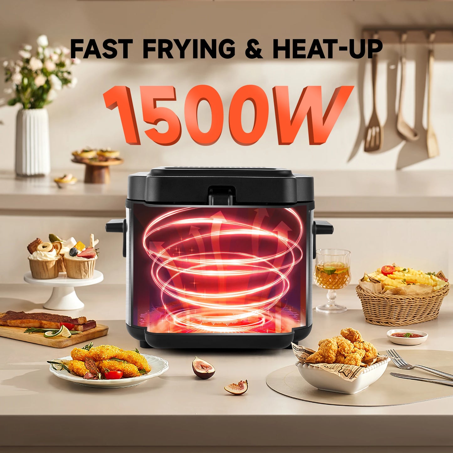 2.5L 1500W Electric Deep Fryer (US Plug) Large Capacity Countertop Home Fryer for Fried Chicken Fries Pot UL
