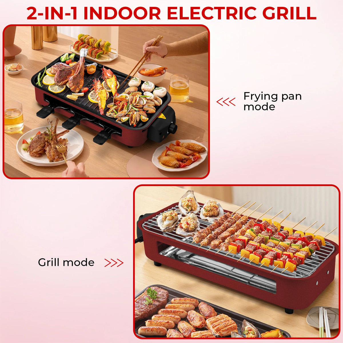 1500W 2-in-1 Electric Grill Pan, Non-Stick Smokeless BBQ Grill with Removable Plate, Adjustable Temp Control & 3 Raclette Pans for Home Kitchen Party