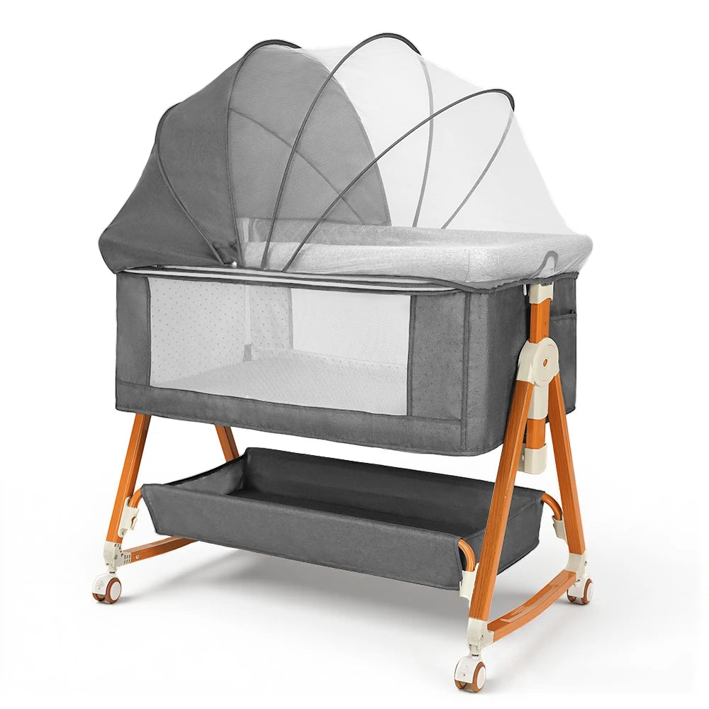 Heavy‑Duty Bedside Baby Bassinet Sleeper Kmaier  Grey Minimalist Co‑Sleeper Crib with Large Storage Bin, Height Adjustable Wooden‑Grain Frame, Breathable Mesh Safe Rocking Bassinet for Newborn Boy Girl
