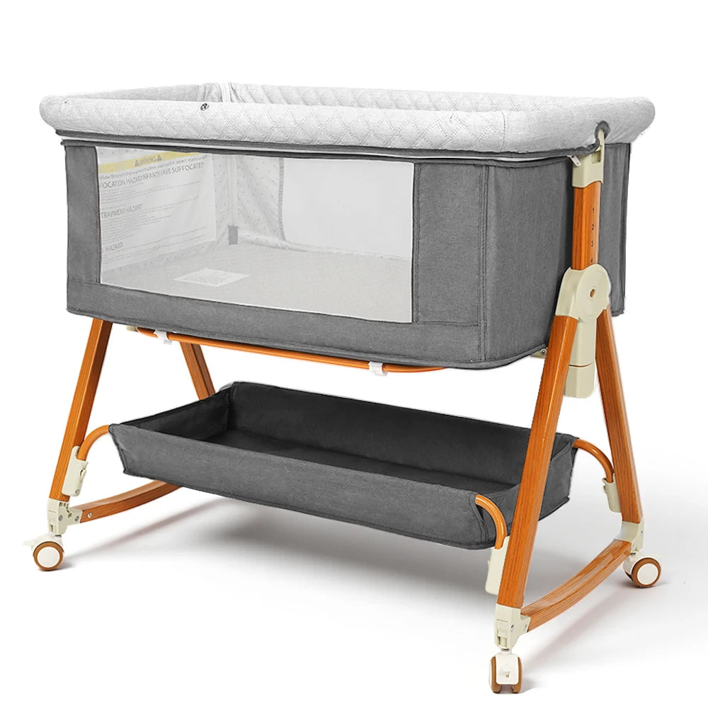 Heavy‑Duty Bedside Baby Bassinet Sleeper Kmaier  Grey Minimalist Co‑Sleeper Crib with Large Storage Bin, Height Adjustable Wooden‑Grain Frame, Breathable Mesh Safe Rocking Bassinet for Newborn Boy Girl