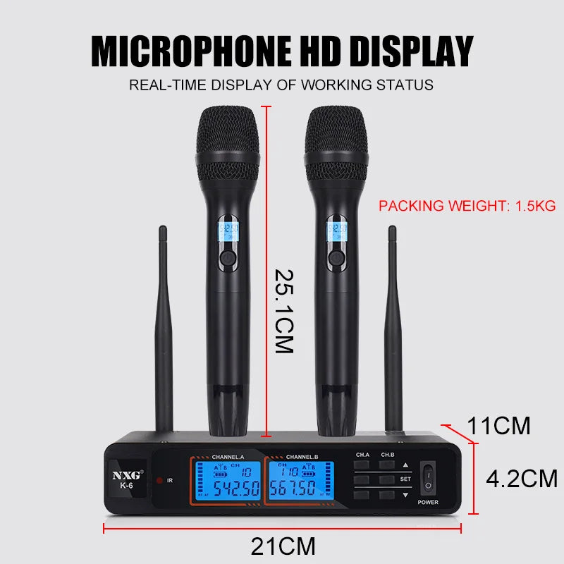 NXG  K-6 UNIVERSAL-1TO2 Dual Wireless Microphone Receiver Kit, Metal Mesh Mic Head, Matte Comfort Grip, Dual Signal Antennas, Crystal Clear Hi-Fi Audio, Zero Delay Sound, Multi-Scene Wireless Mic System for Family Singing, Li