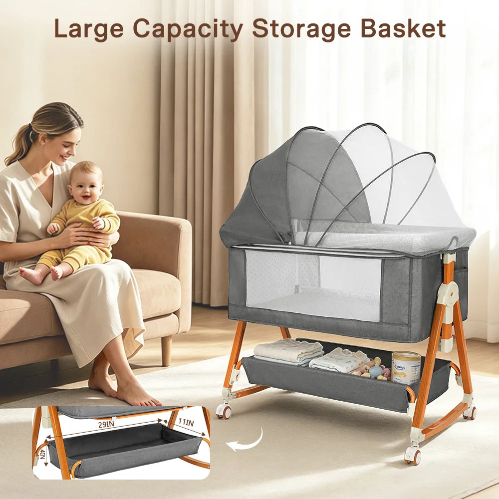 Heavy‑Duty Bedside Baby Bassinet Sleeper Kmaier  Grey Minimalist Co‑Sleeper Crib with Large Storage Bin, Height Adjustable Wooden‑Grain Frame, Breathable Mesh Safe Rocking Bassinet for Newborn Boy Girl