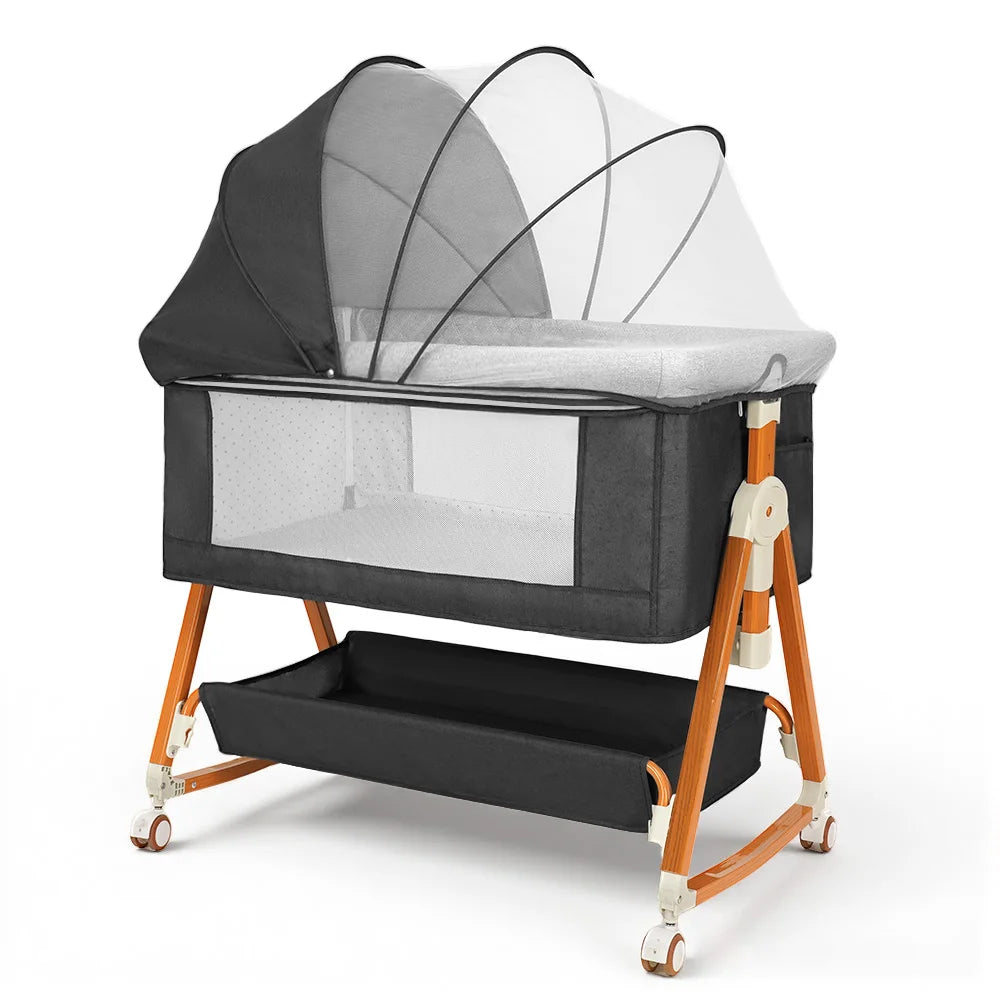 Heavy‑Duty Bedside Baby Bassinet Sleeper Kmaier  Grey Minimalist Co‑Sleeper Crib with Large Storage Bin, Height Adjustable Wooden‑Grain Frame, Breathable Mesh Safe Rocking Bassinet for Newborn Boy Girl