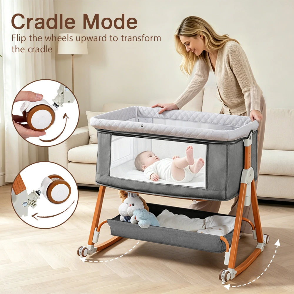Heavy‑Duty Bedside Baby Bassinet Sleeper Kmaier  Grey Minimalist Co‑Sleeper Crib with Large Storage Bin, Height Adjustable Wooden‑Grain Frame, Breathable Mesh Safe Rocking Bassinet for Newborn Boy Girl