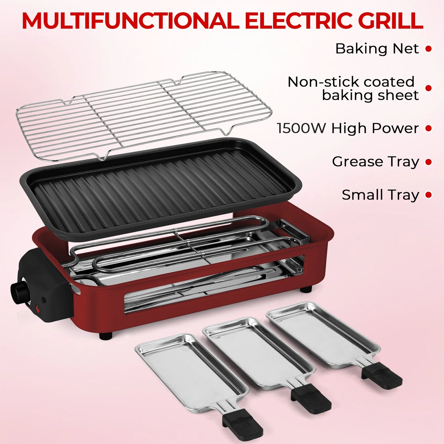 1500W 2-in-1 Electric Grill Pan, Non-Stick Smokeless BBQ Grill with Removable Plate, Adjustable Temp Control & 3 Raclette Pans for Home Kitchen Party