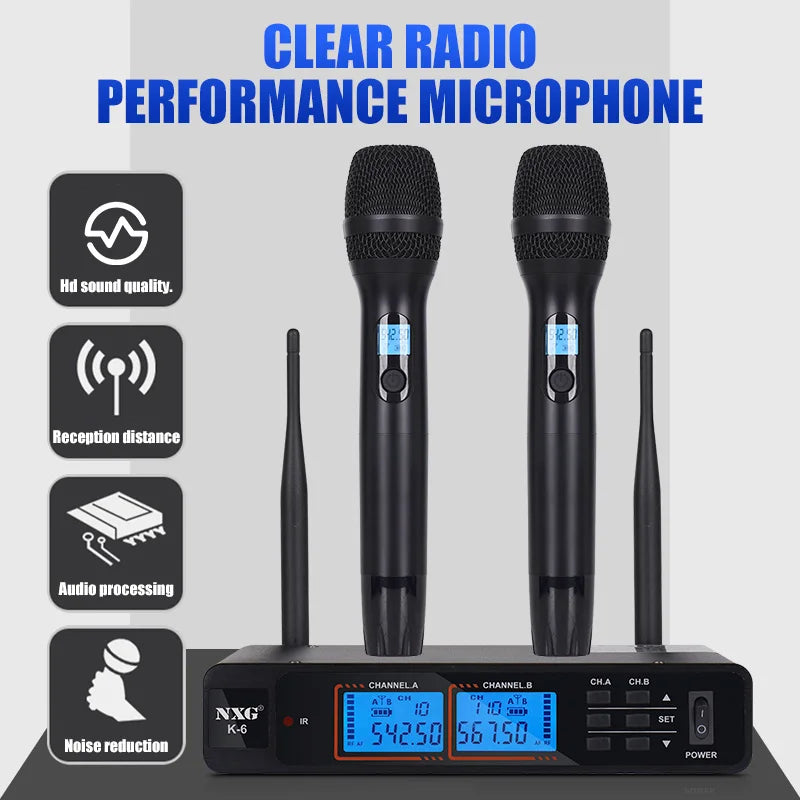 NXG  K-6 UNIVERSAL-1TO2 Dual Wireless Microphone Receiver Kit, Metal Mesh Mic Head, Matte Comfort Grip, Dual Signal Antennas, Crystal Clear Hi-Fi Audio, Zero Delay Sound, Multi-Scene Wireless Mic System for Family Singing, Li