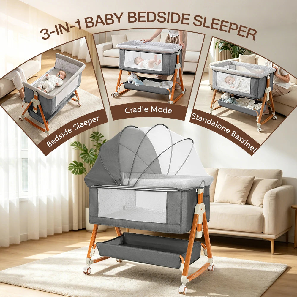 Heavy‑Duty Bedside Baby Bassinet Sleeper Kmaier  Grey Minimalist Co‑Sleeper Crib with Large Storage Bin, Height Adjustable Wooden‑Grain Frame, Breathable Mesh Safe Rocking Bassinet for Newborn Boy Girl