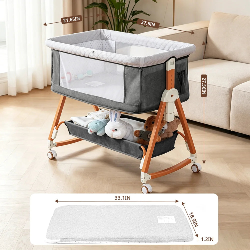 Heavy‑Duty Bedside Baby Bassinet Sleeper Kmaier  Grey Minimalist Co‑Sleeper Crib with Large Storage Bin, Height Adjustable Wooden‑Grain Frame, Breathable Mesh Safe Rocking Bassinet for Newborn Boy Girl