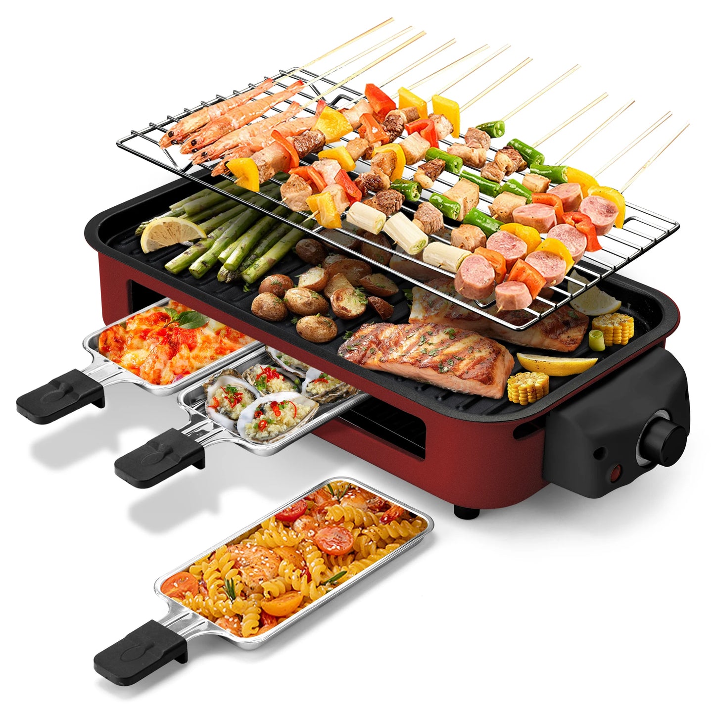 1500W 2-in-1 Electric Grill Pan, Non-Stick Smokeless BBQ Grill with Removable Plate, Adjustable Temp Control & 3 Raclette Pans for Home Kitchen Party