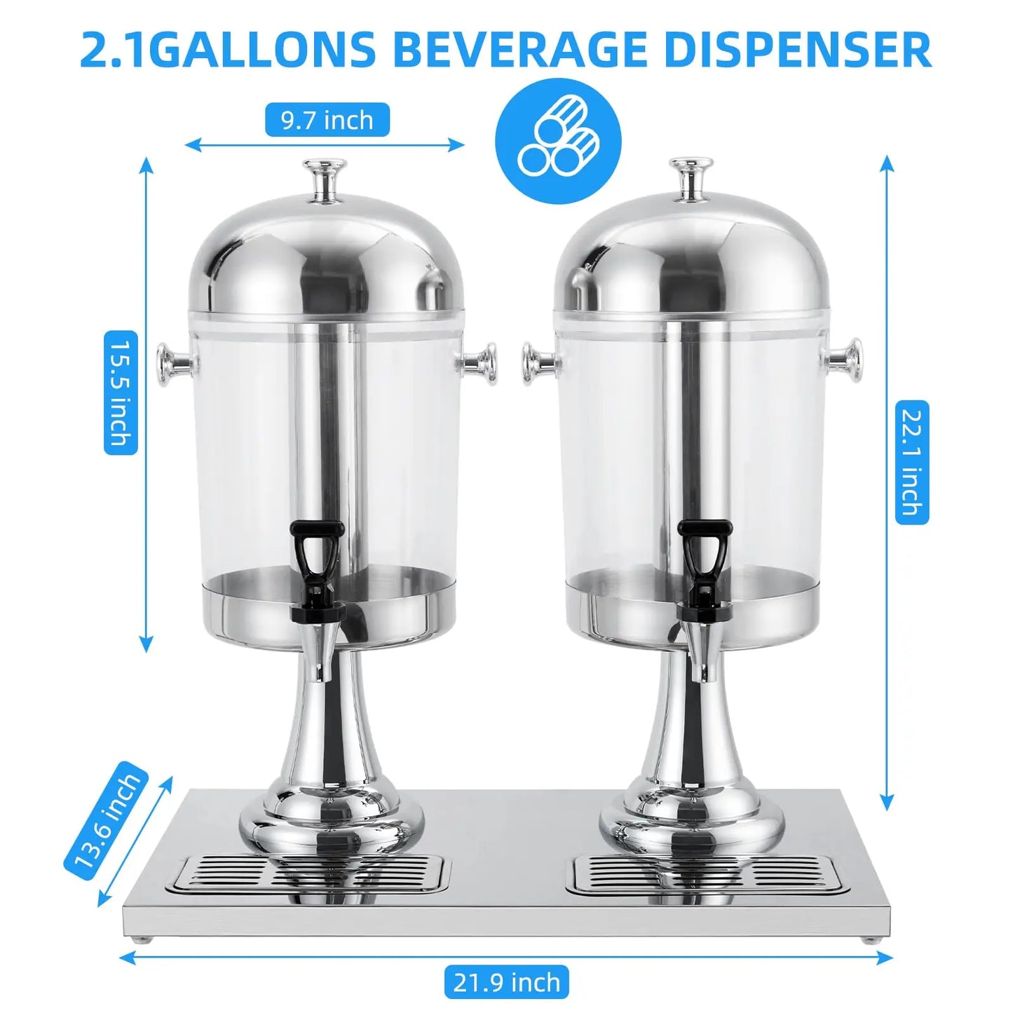 Beverage Dispenser with Ice Core, Stainless Steel Cold Drink Dispenser with Stand, Spigot & Drip Tray for Lemonade, Iced Tea