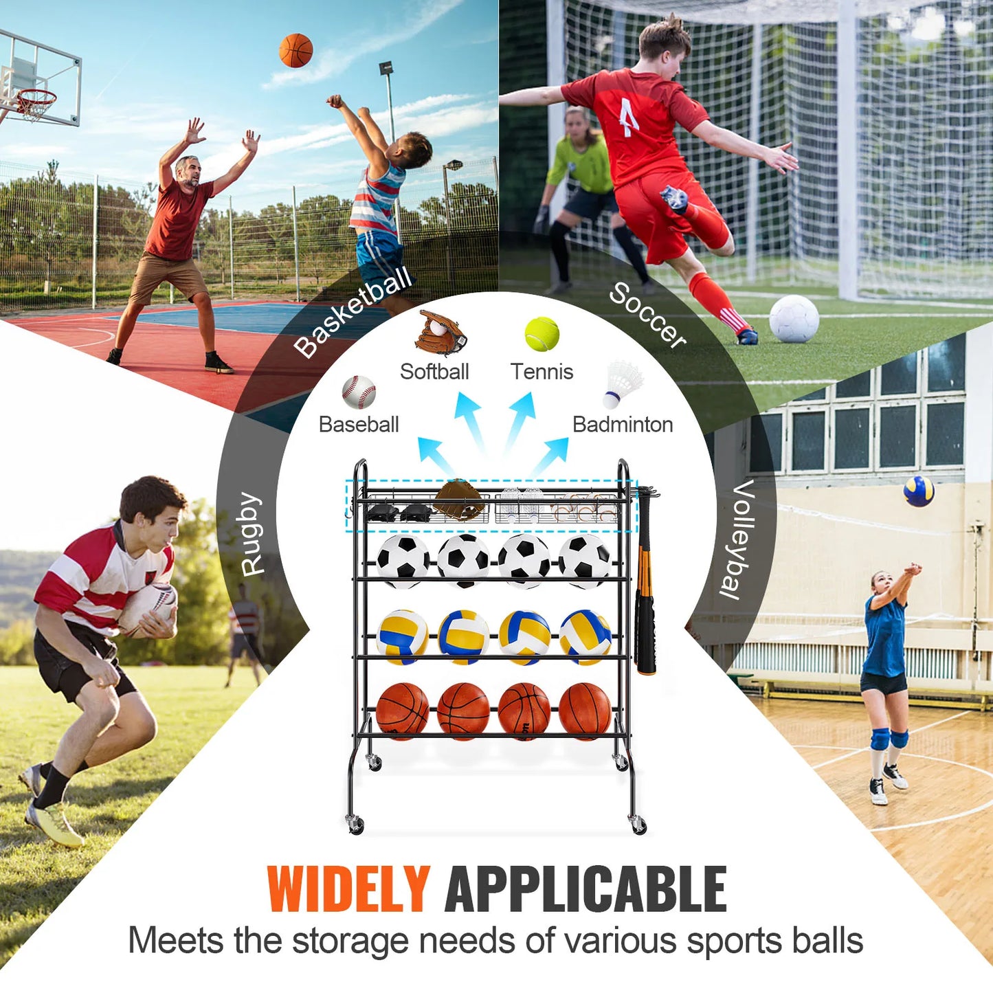 VEVOR 4-Layers Basketball Rack Rolling Basketball Shooting Training Stand with Wheels Sports Equipment Storage Organizer