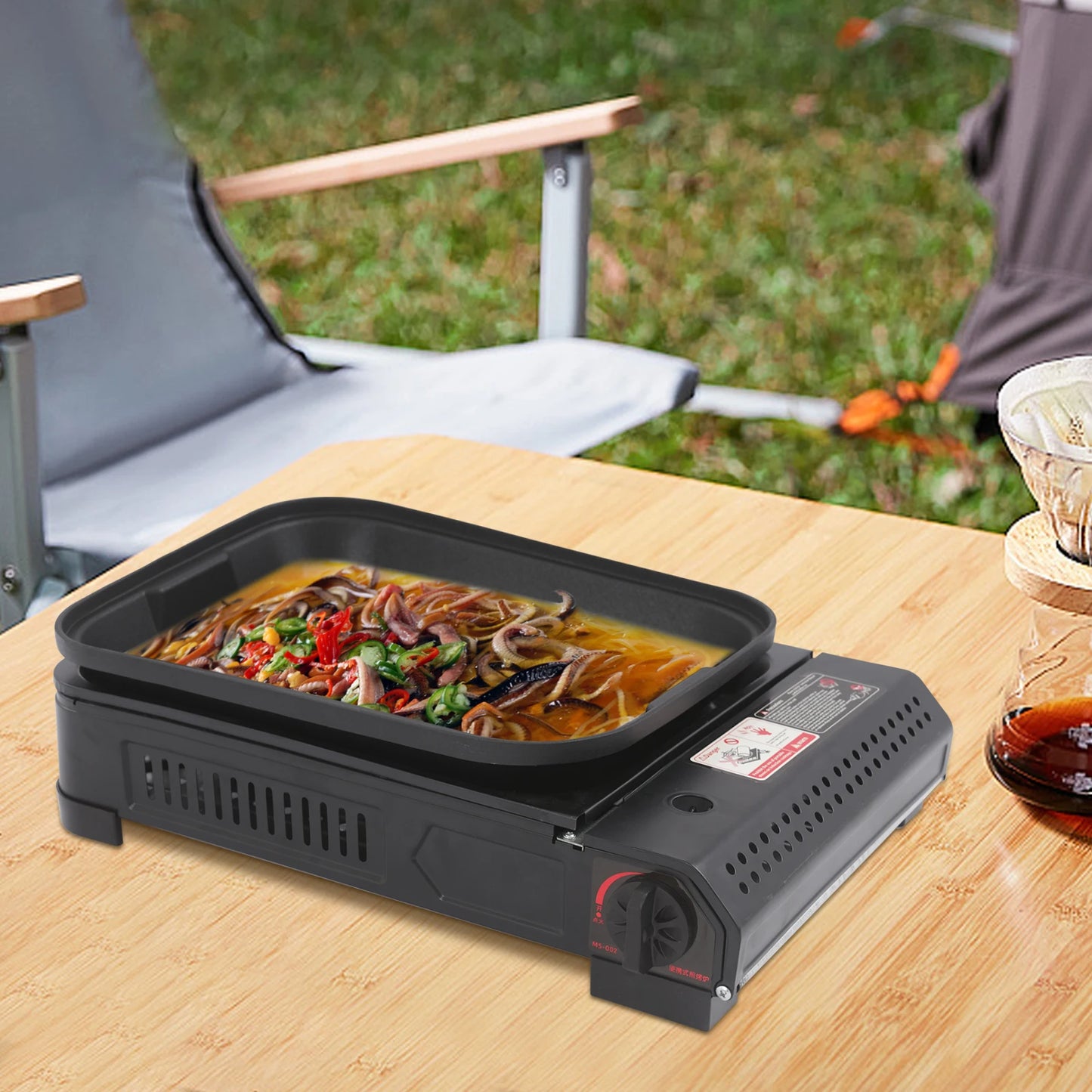 Portable Butane Gas Grill Stove Outdoor Camping Picnic BBQ with Non-Stick Grill Pan Tempered Glass Lid for Kitchen Garden Beach