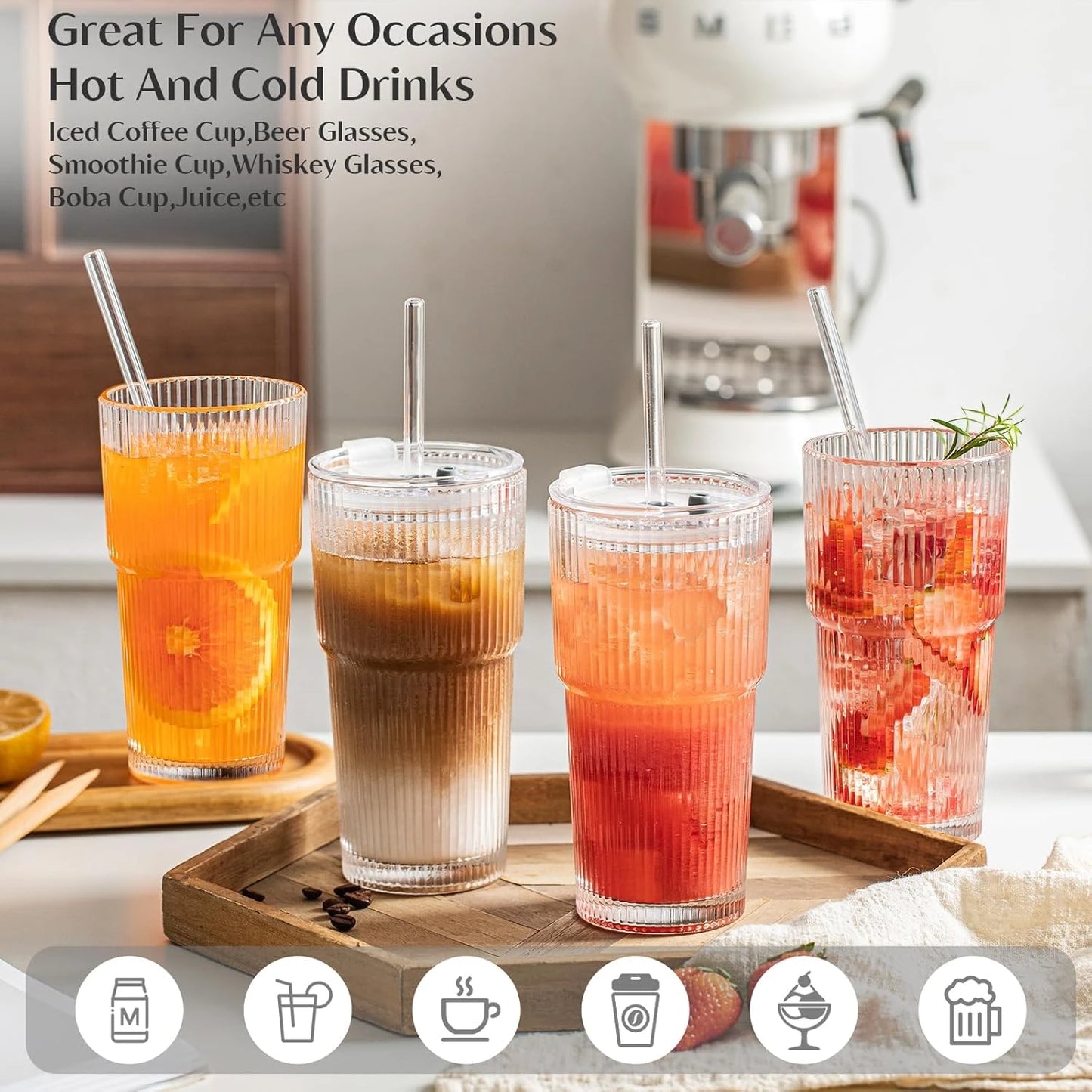 8Pcs 20oz Ribbed Glass Cups With Lids & Glass Straws, Thickened Vintage Tumblers For Coffee, Cocktails And Juices