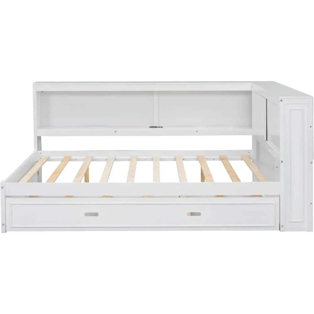 Full Size Daybed with Trundle and Storage Bookcase, L Shaped Daybed with LED Lights & USB Ports, Full Corner Bed Frame with Con