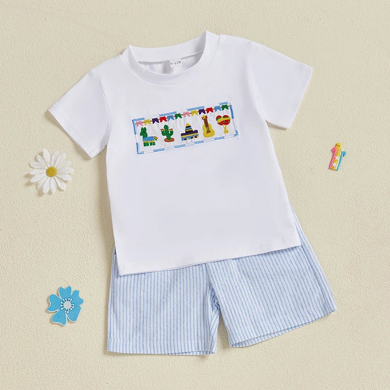 Infant Boy Casual Summer Wear Embroidered Crew Neck Tee with Striped Shorts Set for a Stylish Look