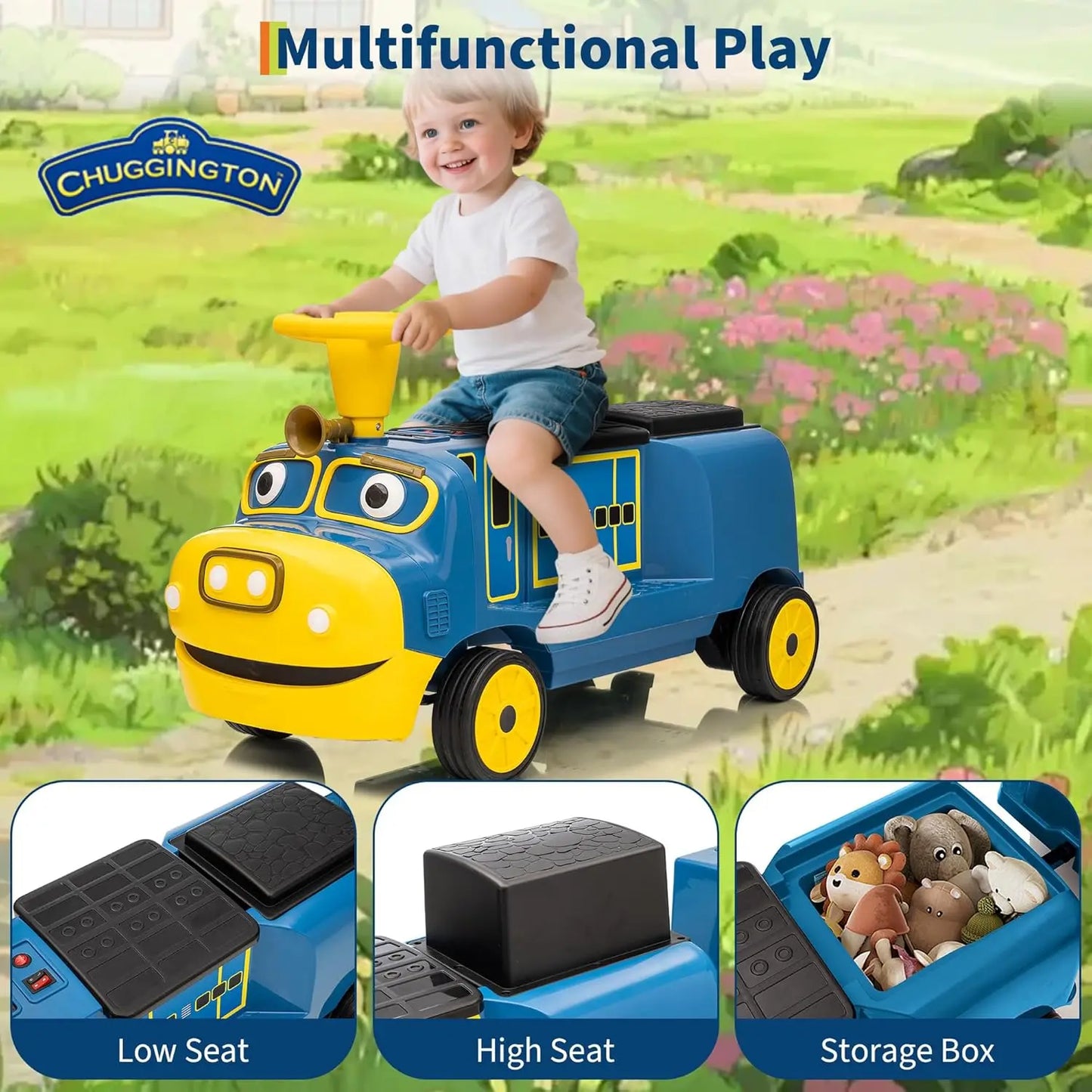 2 Seater Ride On Train Trackless, 12V Kids Ride On Toy with Height Adjustable Seat, Storage Space, Carrige for Toddlers 3+