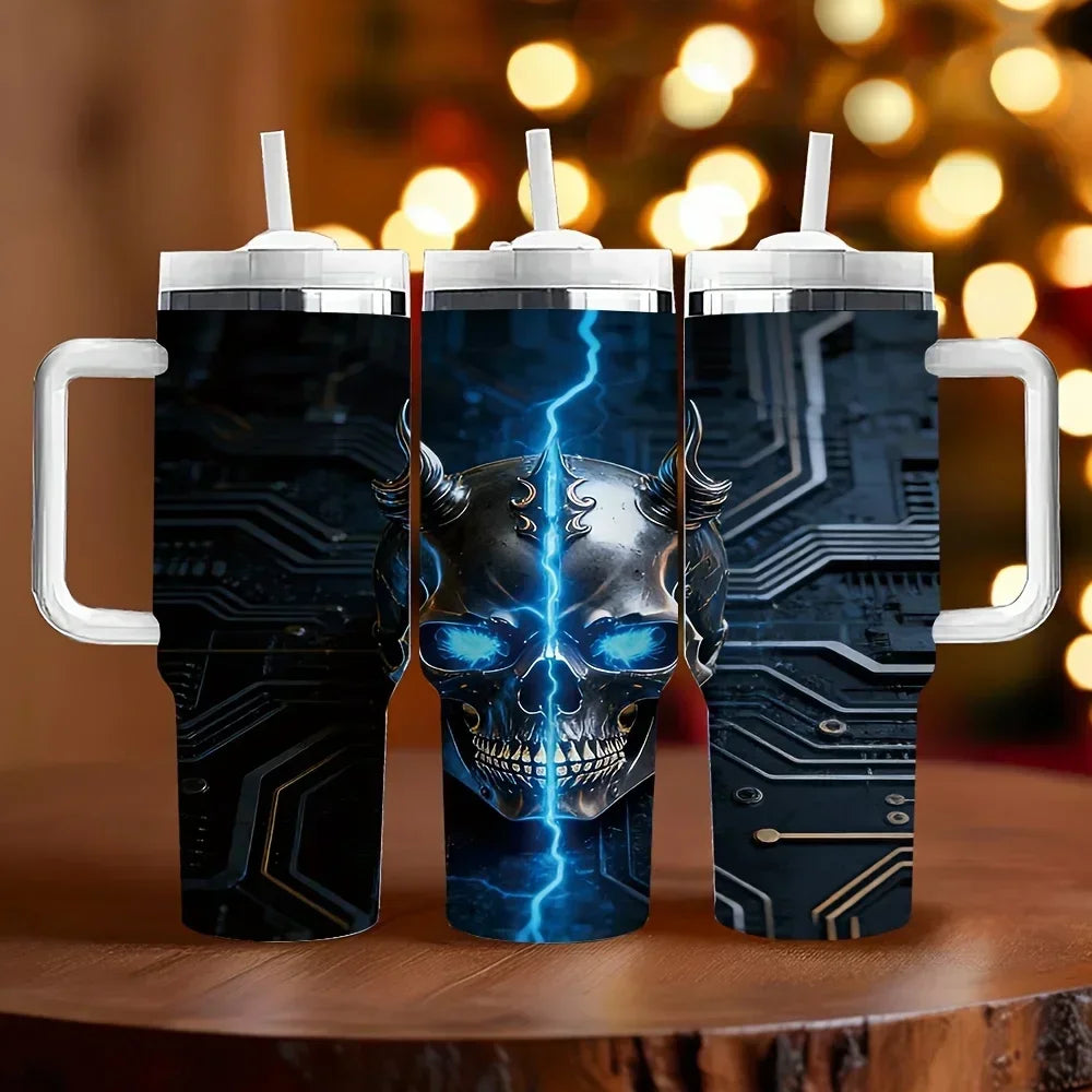 40Oz Insulated Tumbler with Handle, Cool Horned Skull with Blue Lightning Circuit Print, Perfect Holiday Birthday Gift, Suitable for Daily And Outdoor Use