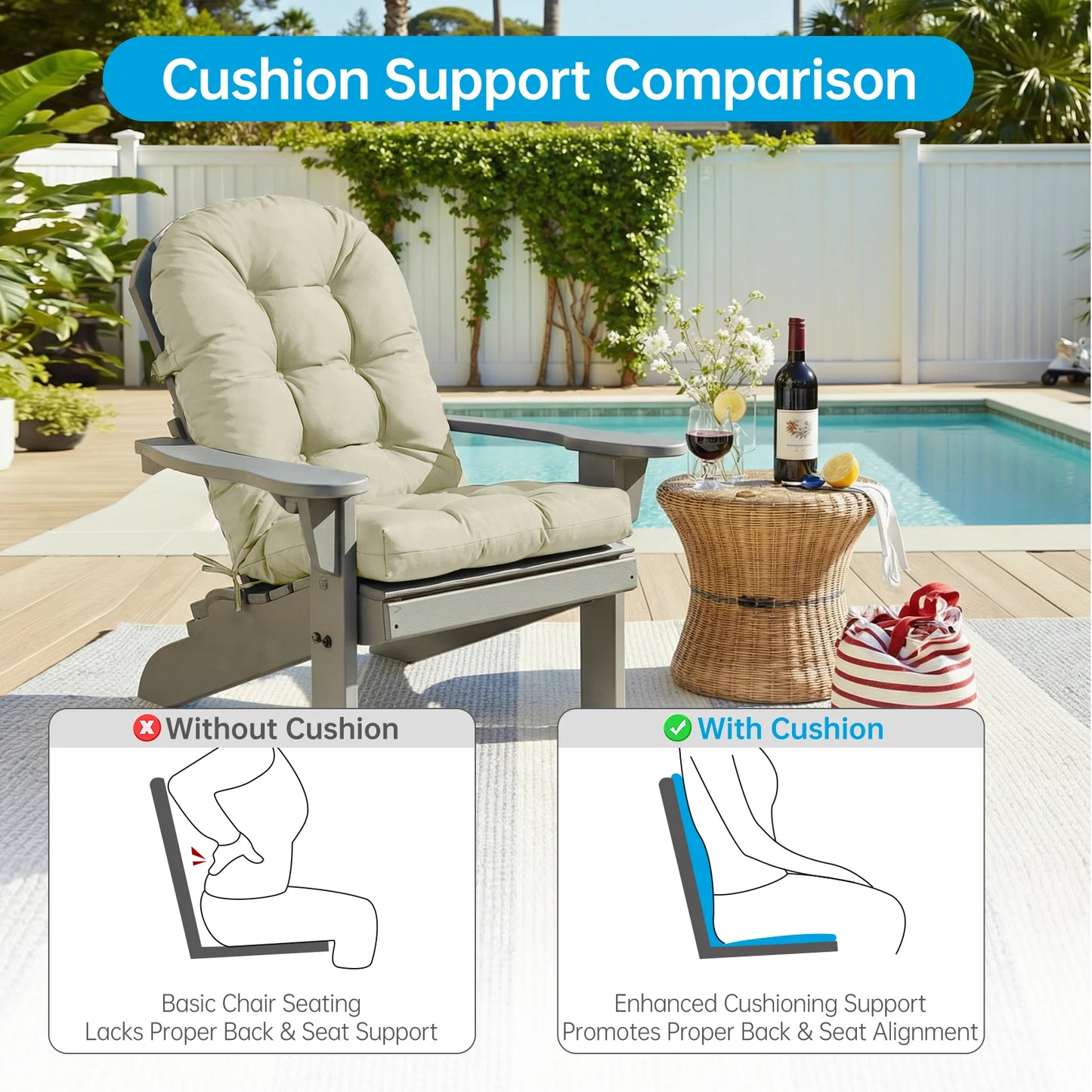 Rocking Chair Cushion With Ties Waterproof Non-slip Fade-resistant For Patio High Back Chair  Chaise Lounge Cushions Replacement