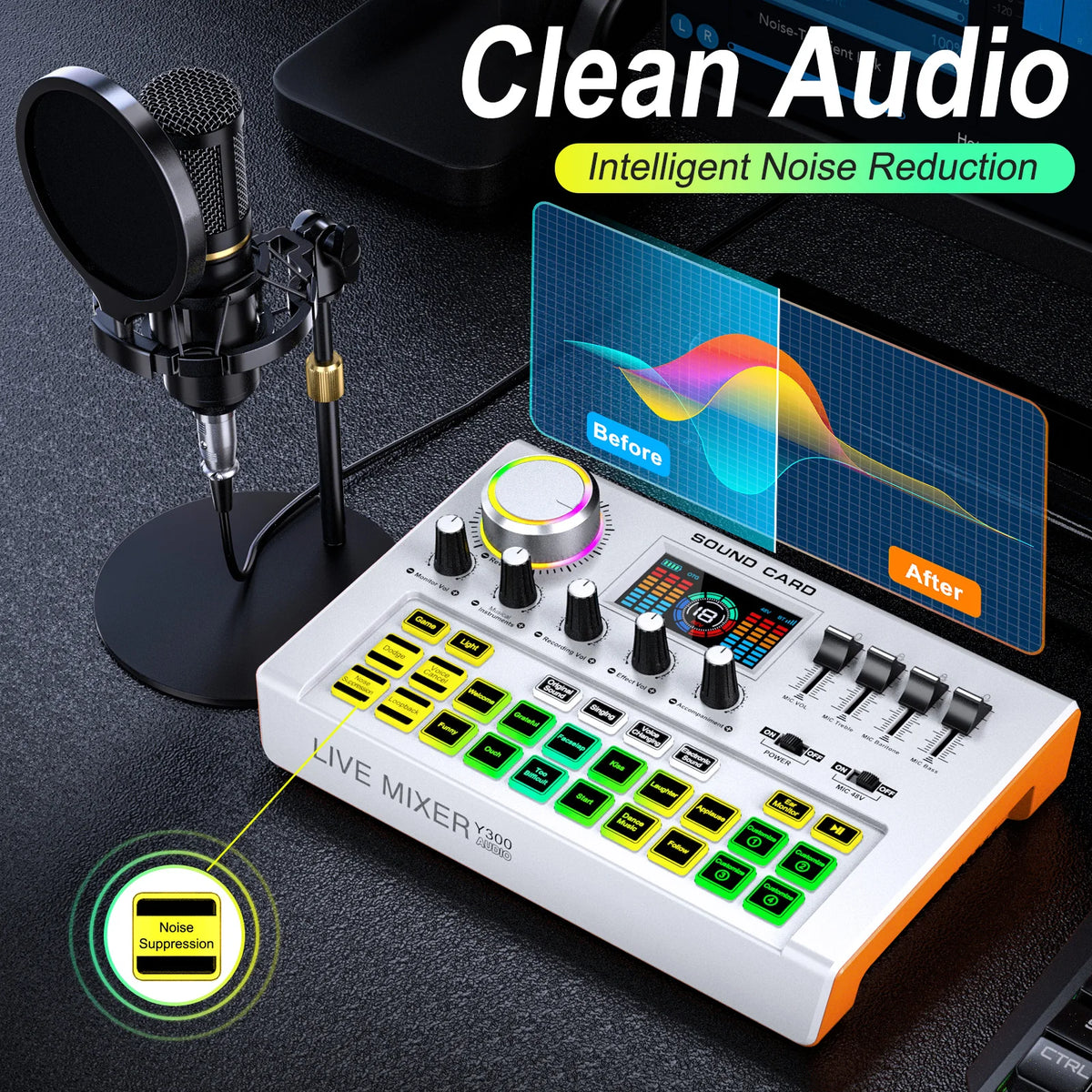 Tenlamp Y300-BM800 Live Sound Board Audio Mixer with 3.5mm Condenser Mic, Podcast Equipment Bundle for 4 People, Professional PC Laptop Studio Recording for Singing Gaming Karaoke Vlog Streaming