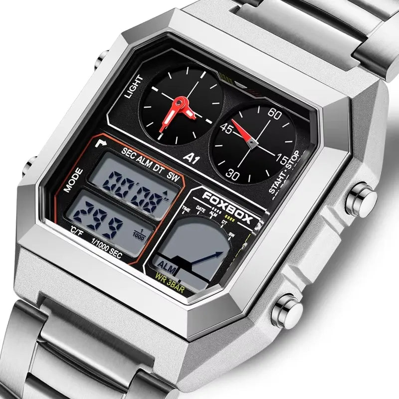 FOXBOX Men's Electronic Watch Fashion Calendar Luminous Waterproof Stainless Steel Strap Alarm Clock Sports Digital Watches+Box