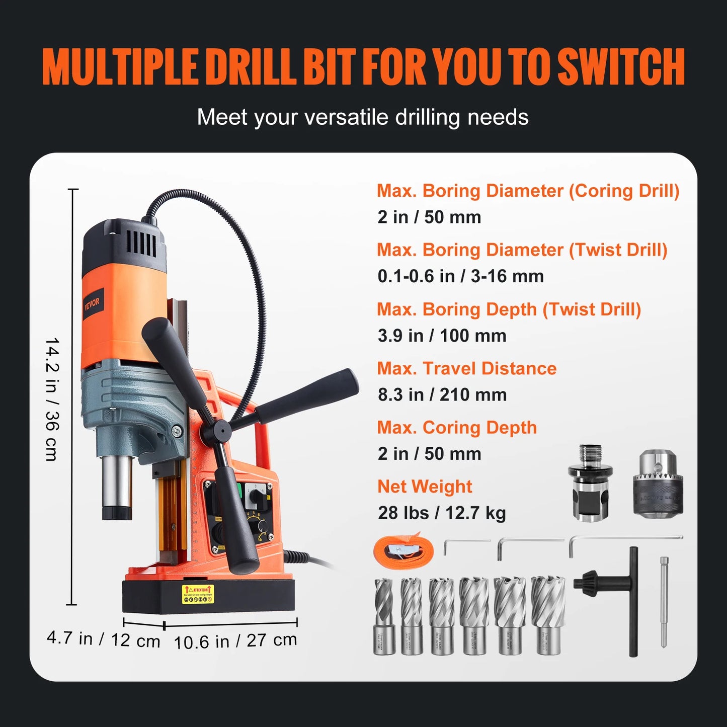 SucceBuy 1300W 1400W 2" Electric Drilling Machine Magnetic Drill Press Boring Diameter Power Drill 1-second Release Drill