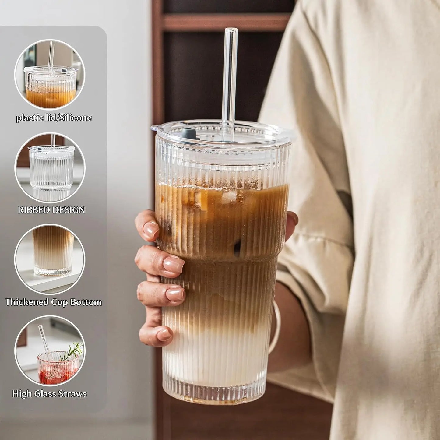 8Pcs 20oz Ribbed Glass Cups With Lids & Glass Straws, Thickened Vintage Tumblers For Coffee, Cocktails And Juices
